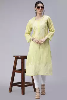 Green embroidered cotton chikankari-kurtis