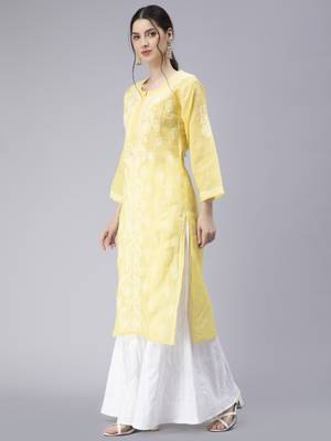 Yellow embroidered cotton chikankari-kurtis 2