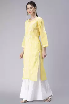 Yellow embroidered cotton chikankari-kurtis