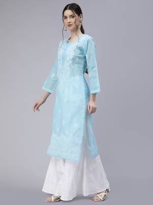 Blue embroidered cotton chikankari-kurtis 3