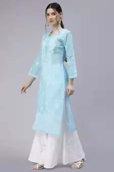 Blue embroidered cotton chikankari-kurtis