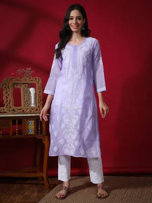 Peach embroidered cotton chikankari-kurtis 1