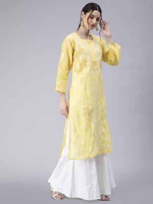 Yellow embroidered cotton chikankari-kurtis 3