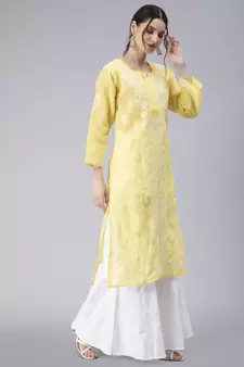 Yellow embroidered cotton chikankari-kurtis