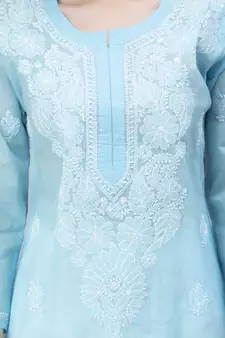 Blue embroidered cotton chikankari-kurtis