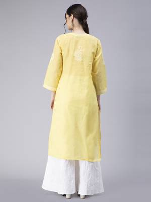 Yellow embroidered cotton chikankari-kurtis 4