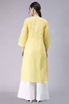 Yellow embroidered cotton chikankari-kurtis