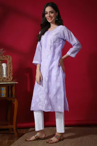 Peach embroidered cotton chikankari-kurtis