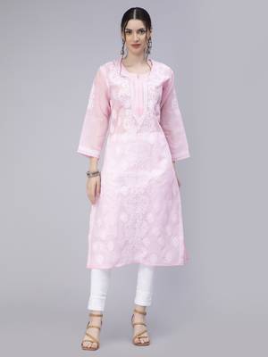 Pink embroidered cotton chikankari-kurtis 1