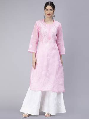 Pink embroidered cotton chikankari-kurtis 1