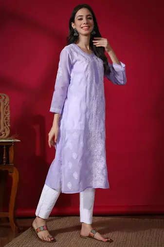 Peach embroidered cotton chikankari-kurtis