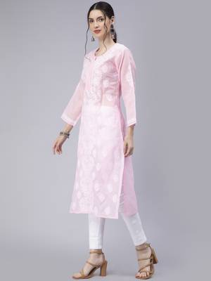 Pink embroidered cotton chikankari-kurtis 2