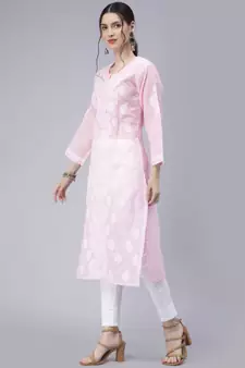 Pink embroidered cotton chikankari-kurtis