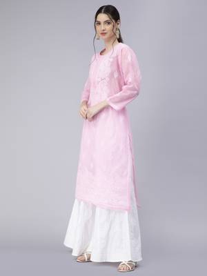 Pink embroidered cotton chikankari-kurtis 3