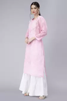 Pink embroidered cotton chikankari-kurtis