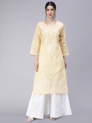 Beige embroidered cotton chikankari-kurtis 1