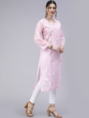 Pink embroidered cotton chikankari-kurtis 3