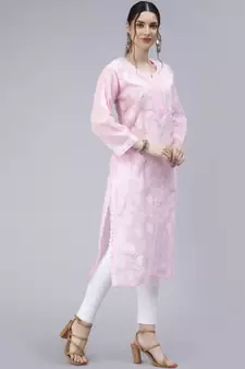 Pink embroidered cotton chikankari-kurtis