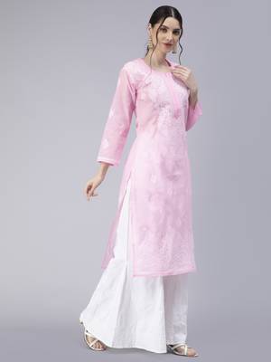 Pink embroidered cotton chikankari-kurtis 4