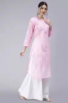 Pink embroidered cotton chikankari-kurtis