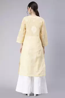 Beige embroidered cotton chikankari-kurtis