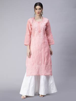 Peach embroidered cotton chikankari-kurtis 1