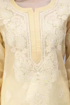Beige embroidered cotton chikankari-kurtis