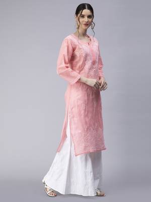 Peach embroidered cotton chikankari-kurtis 2