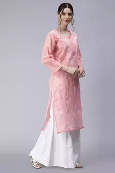 Peach embroidered cotton chikankari-kurtis