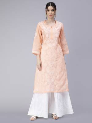 Peach embroidered cotton chikankari-kurtis 1