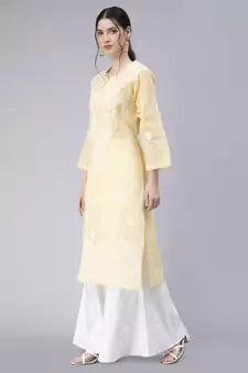 Beige embroidered cotton chikankari-kurtis