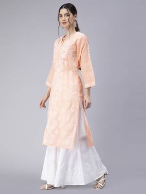 Peach embroidered cotton chikankari-kurtis 2