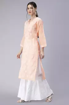 Peach embroidered cotton chikankari-kurtis