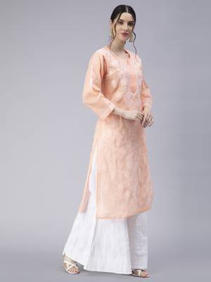 Peach embroidered cotton chikankari-kurtis 3