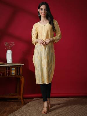 Beige embroidered chanderi chikankari-kurtis 1