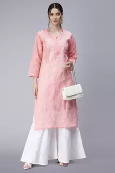 Peach embroidered cotton chikankari-kurtis