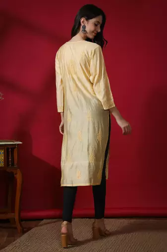 Beige embroidered chanderi chikankari-kurtis