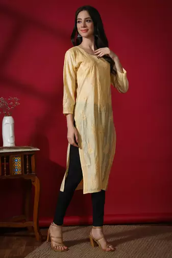 Beige embroidered chanderi chikankari-kurtis