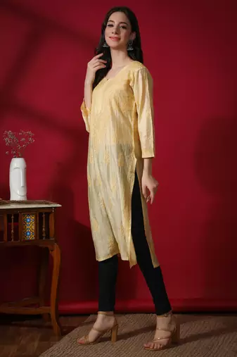 Beige embroidered chanderi chikankari-kurtis
