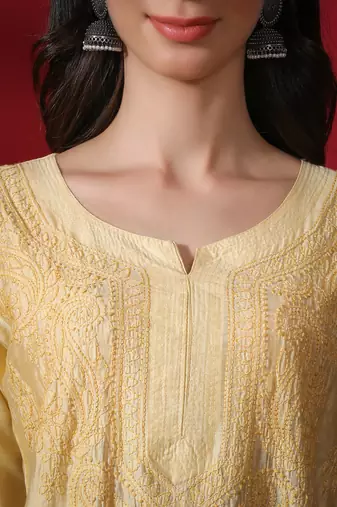 Beige embroidered chanderi chikankari-kurtis