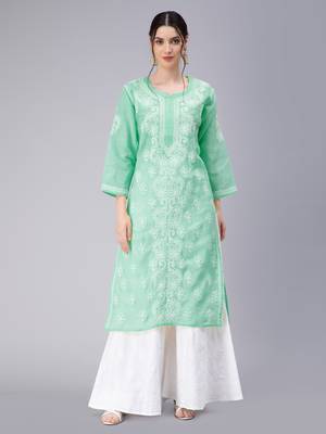 Green embroidered cotton chikankari-kurtis 1
