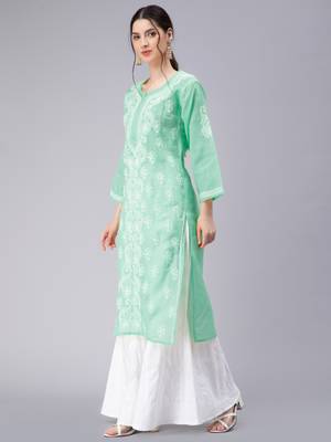 Green embroidered cotton chikankari-kurtis 2