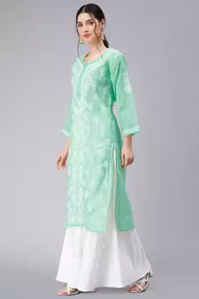 Green embroidered cotton chikankari-kurtis