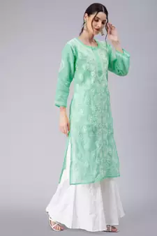 Green embroidered cotton chikankari-kurtis