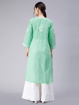 Green embroidered cotton chikankari-kurtis 4
