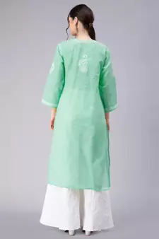 Green embroidered cotton chikankari-kurtis