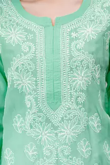 Green embroidered cotton chikankari-kurtis