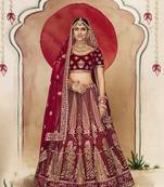 Maroon embroidered velvet semi stitched lehenga