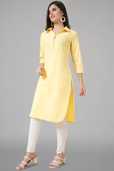 Yellow plain cotton cotton-kurtis