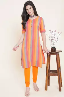 Orange plain cotton cotton-kurtis